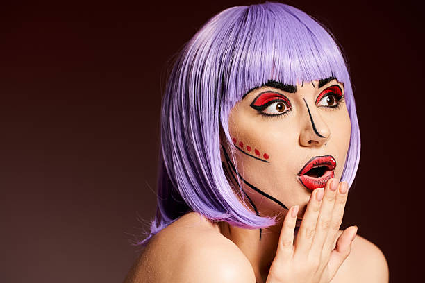 A striking woman with purple hair and pop art makeup on a black background, resembling a character from comics.