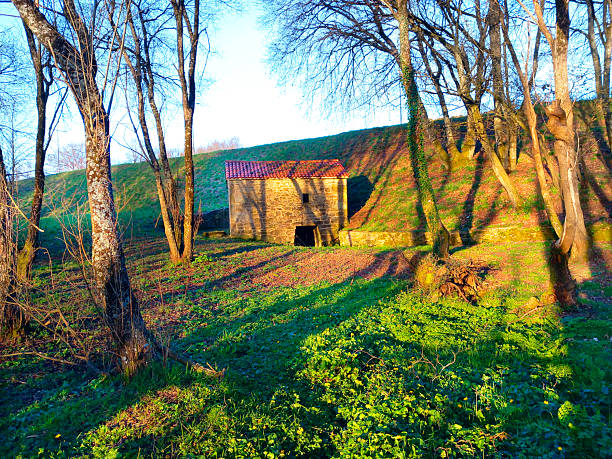 Abandoned stone watermill by mountain creek at dusk in winter. Lalín, Pontevedra province, Galicia, Spain.
