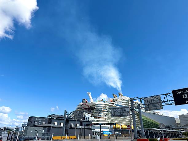 Miami, Florida, United States of America - January 5, 2026: Royal Caribbean's Wonder of the Seas cruise ship docked at PortMiami in Miami, Florida, with a clear blue sky, showing tourism and an exciting travel destination for summer holidays