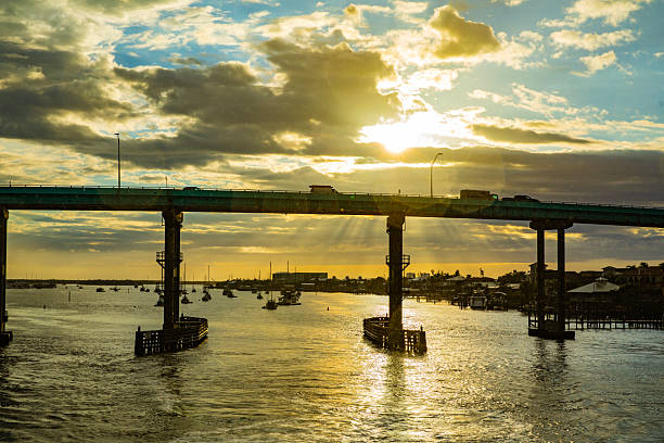 Matanzas Pass Bridge, San Carlos Blvd., sometimes known as the Sky Bridge or the Fort Myers Beach Bridge, early morning view from the west side looking east.  Fort Myers Beach, Florida.