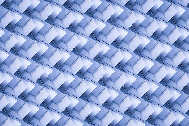Minimalist blue/white architectural background with repetitive geometric 3D shapes and subtle shadows forming a clean modern surface