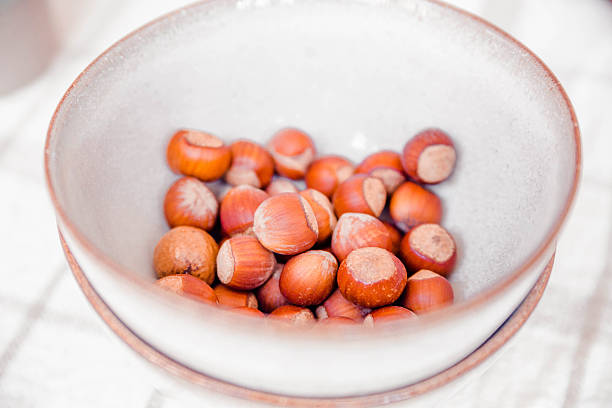 Bowl containing raw hazelnuts arranged on a textured surface, highlighting the natural hues and forms of the nuts in a minimalist presentation