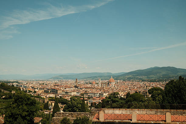 Florence cityscape with the Cathedral of Santa Maria del Fiore dome and bell tower visible under a clear blue sky