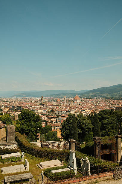 Panoramic view of Florence, Italy, showing the Duomo and city skyline, with an ancient cemetery in the foreground