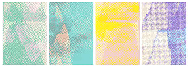 pastellfarbiger linolschnitt mit textur, umschlag oder broschüre. boho-risograph-überlagerung, drucktextur, hintergrund. riso- oder linoleumschnitt mit analogem bildschirm-overlay. vintage-pastellfarbener halbton-hintergrund. - farb halbton stock-grafiken, -clipart, -cartoons und -symbole