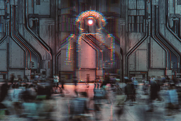 Giant robot projection watching people walking by. 3D generated image.