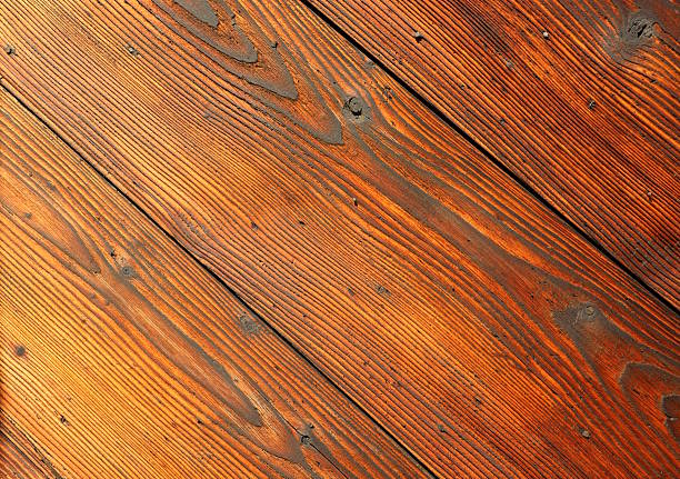 A wooden floor with a pattern of brown wood grain. The floor is made up of several wooden planks, and the grain of the wood is visible in the pattern. Scene is warm and inviting