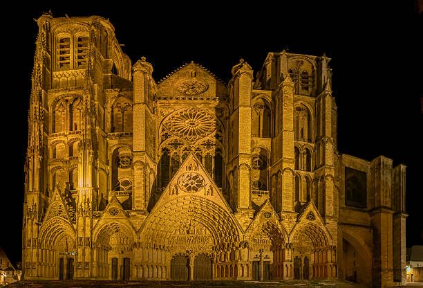 Bourges, France - 10 25 2025: Saint Stephen's Cathedral. Panoramic view of the front facade's Cathedral by night