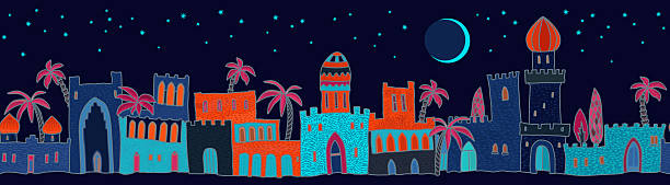 Vector Seamless border pattern of fairy tale oriental town on a dark blue background