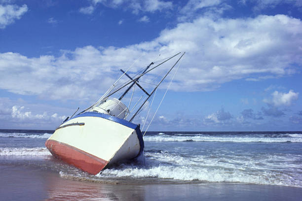 Prow of rescue boat on the sea shore in Kolobrzeg in Poland
