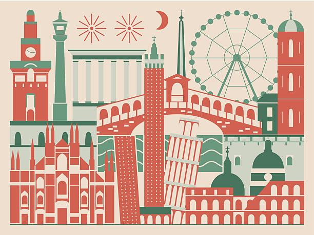 Italy vintage travel poster with famous architectural symbols of italian cities. Art design postcard featuring cityscape with famous historical attractions. European Old town architecture print.