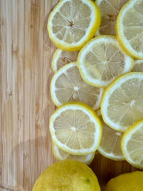 Close-up slices of fresh lemons.