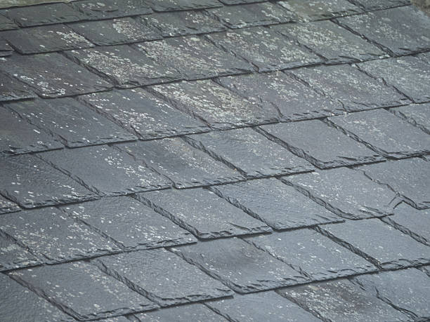 Weathered slate roof tile texture background with natural grey stone pattern and copy space.