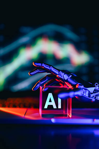 Robot hand touching AI symbol in front of stock chart