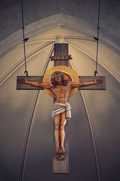 A cross with Jesus Christ hanging from the ceiling of Luleå Cathedral. The cathedral was consecrated in 1893.