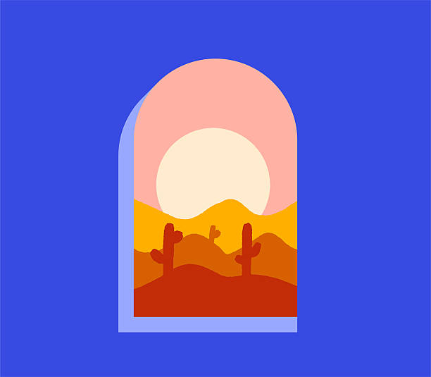 Modern Arch Window View Design. Vibrant Retro Style Landscape. Flat Design Coastal Scenery Art. Simplified Outdoor View Illustration