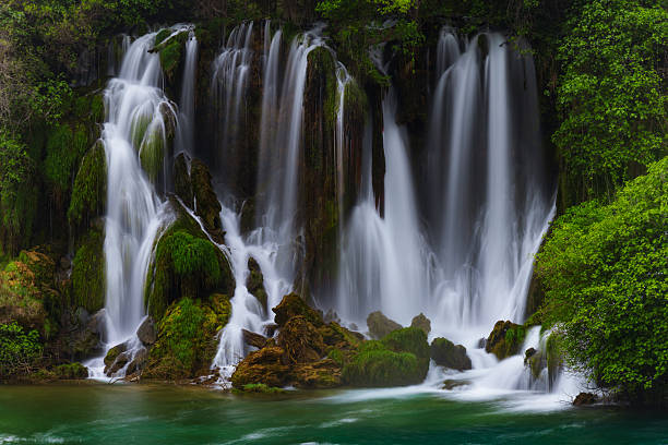 Powerful cascading waterfall pours over moss-covered rocks into a clear emerald river pool surrounded by dense green forest, creating a tranquil natural landscape rich in motion, freshness, and wilderness atmosphere.