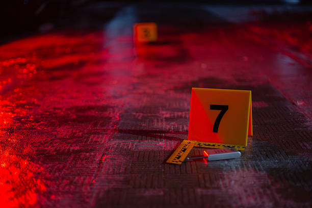 Remote control in Crime scene investigation with forensic evidence marker and ruler on the ground under police light