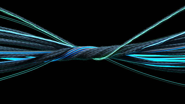 A conceptual visualization of multiple data streams converging. The image shows dark wool-textured cables twisting together with glowing cyan and blue fiber optic lines. Set against a black background, it symbolizes data integration, network convergence, and complex digital systems, 3D render.