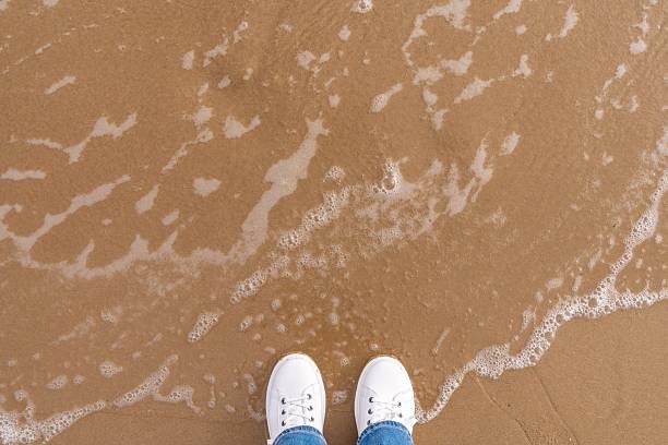 Beachwalk morning joy. Sneakers touch cool tide. Footwear meets soft ocean shore. Casual stroll along shoreline at sunrise. An exploration of sandy beaches and gentle surf in early morning light