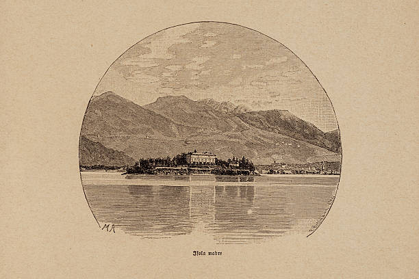 Isola Madre island view in circular vignette isolated on light background - Lake Maggiore panorama, 19th-century engraving
