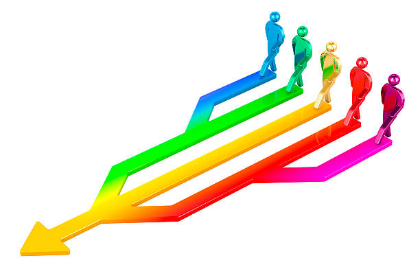 Synergy arrow with stick figures. Collaboration synergy work together. Joint alliance and merger, team and partnership, 3D rendering isolated on white background