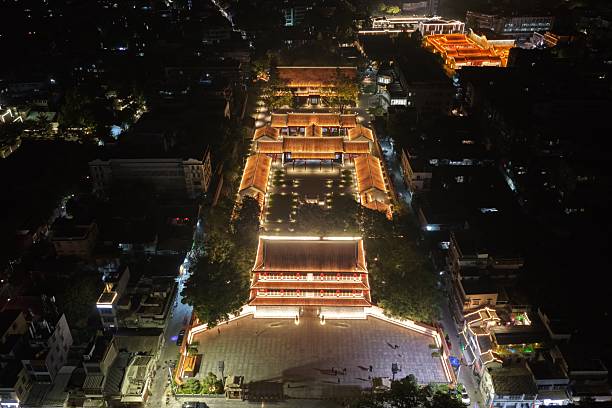 Aerial night view of a traditional temple complex illuminated with warm lights, surrounded by urban buildings.