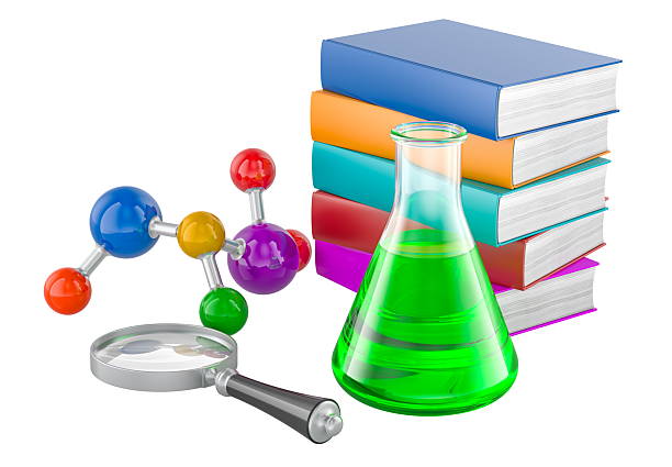 Books with molecular model, magnifying glass and flask, research and study concept, 3D rendering isolated on white background