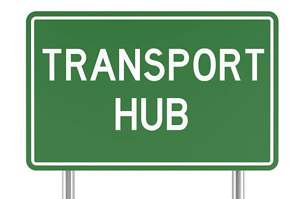 Transport hub, green road sign. 3D rendering isolated on white background