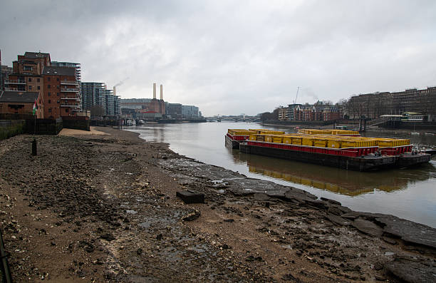 View of the River Thames at low tide from Nine Elms, with Battersea Power Station in the distance under a moody grey sky, London cityscape.