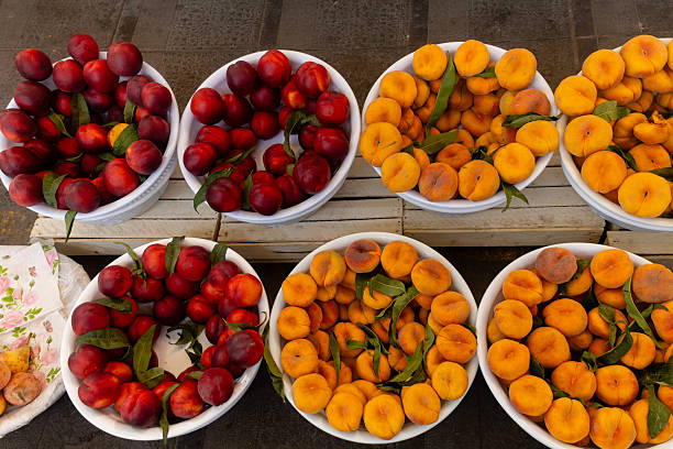 Top view, natural pattern of round bowls containing fresh, colorful apricots and peaches, Chorsu Bazaar, Tashkent, Uzbekistan
