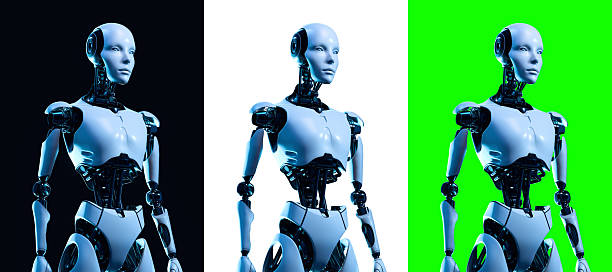 Cyborg Robot Isolated on Green Chroma key, White and Black Background.