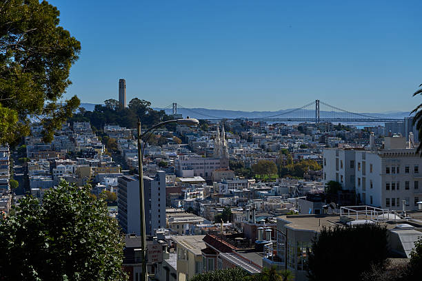 San Francisco, USA - October 28, 2025 - San Francisco cityscape with Coit Tower and the bay on a clear sunny day. A scenic view of San Francisco's hilly landscape, featuring dense urban architecture, the iconic Coit Tower, and the expansive bay waters under a bright blue sky