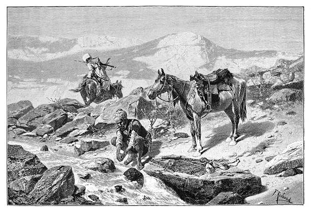 A detailed historical scene featuring travelers in traditional oriental attire resting and navigating a rugged, mountainous terrain with their pack horses.