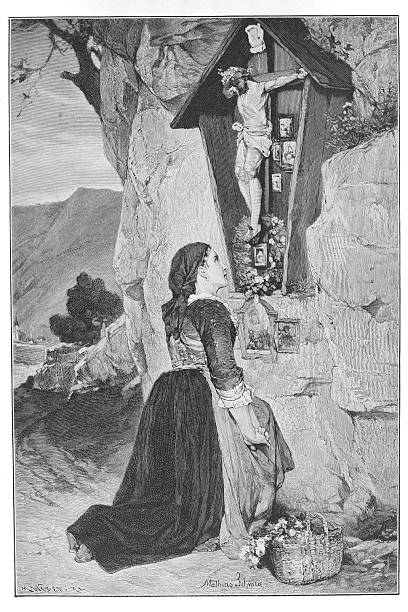 Pious scene showing a woman in traditional rural dress praying at a mountain shrine. The crucifix is adorned with flowers and small votive images.