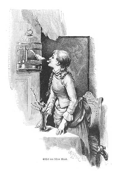 This 19th-century illustration depicts a child offering seeds to a bird within a golden cage.  The image conveys a scene of innocence, kindness, and gentle interaction between the child and the bird.