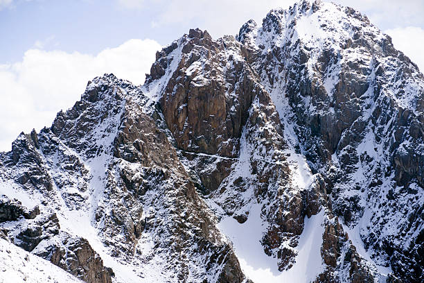 Highlands cliffs, snow-capped peaks of mighty mountains in the clouds, a stunning view from above