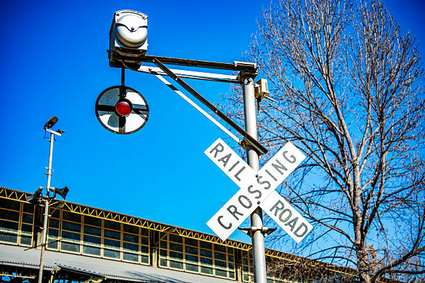A railroad crossing sign with a flashing red light and a silhouette of a bare tree in the background under a bright blue sky