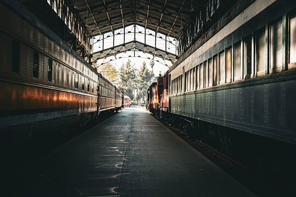 Two classic passenger trains rest on parallel tracks under the arched roof of an old railway station, bathed in sunlight filtering through the structure