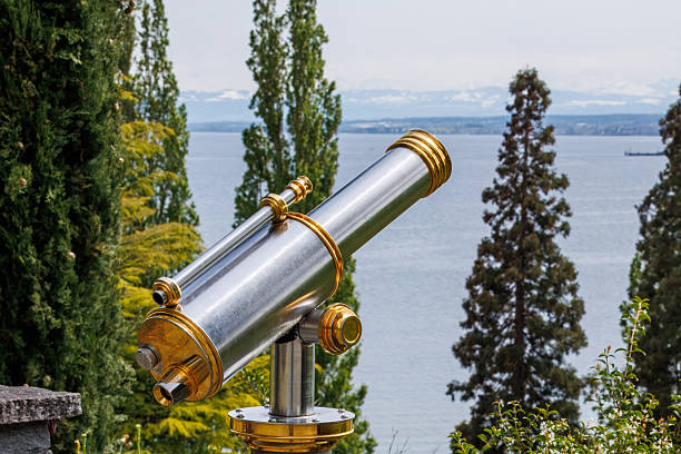 Coin-operated binoculars looking out over city buildings