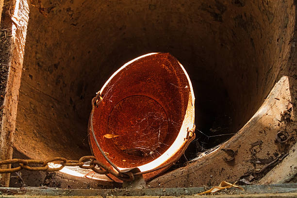 Dry well with a rusty old bucket, view from above. Drought in the countryside