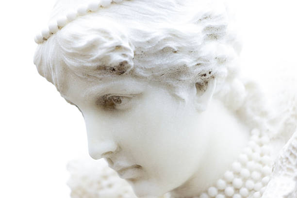 Beautiful face of angel in cemetery build in 1877 Sydney Australia, white background with copy space, full frame horizontal composition