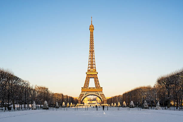 view to the Eiffel Tower with snow. Unusual weather conditions in Paris. January 6th, 2026