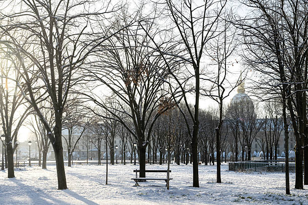 Weimar, Thuringia, Germany - February 27, 2018: View in Winter of the lawns of Park an der Ilm and the bastille tower. Both the park and the City Castle are part of the World Heritage Site.