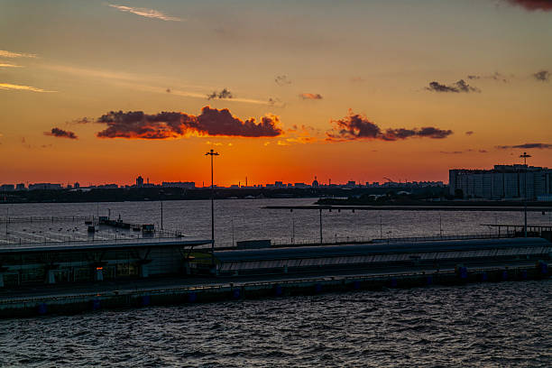 Urban waterfront and harbor silhouetted against a glowing sunset sky with reflections on the water.