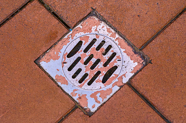 Metal floor drain grate with peeling paint set in reddish-brown square tiles