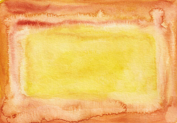 This is a hand painted frame using watercolors on paper. An orange color frames a bright warm yellow background. They blend together in watercolor bleed or ink wash. It is a horizontal frame that could be rotated to be vertical.