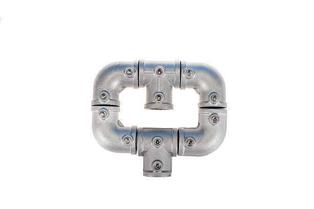 A creative typographic composition made from cast aluminum alloy modular pipe connectors, including elbows and tees, arranged to form the letter H. The durable, matte-finished components feature pre-drilled screw holes, blending functional industrial hardware with a playful, artistic design against a neutral background.