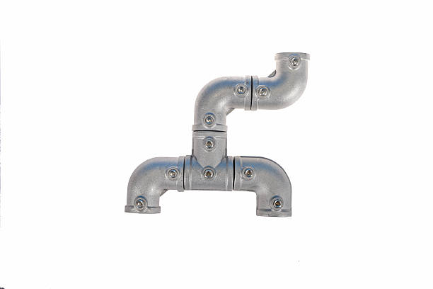 A creative typographic composition made from cast aluminum alloy modular pipe connectors, including elbows and tees, arranged to form the letter L. The durable, matte-finished components feature pre-drilled screw holes, blending functional industrial hardware with a playful, artistic design against a neutral background.