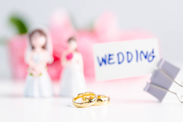 Inclusive wedding love concept celebrating diversity and equality with soft copy space for announcements; two gold rings in foreground, blurred bride figurines, WEDDING card and binder clips.